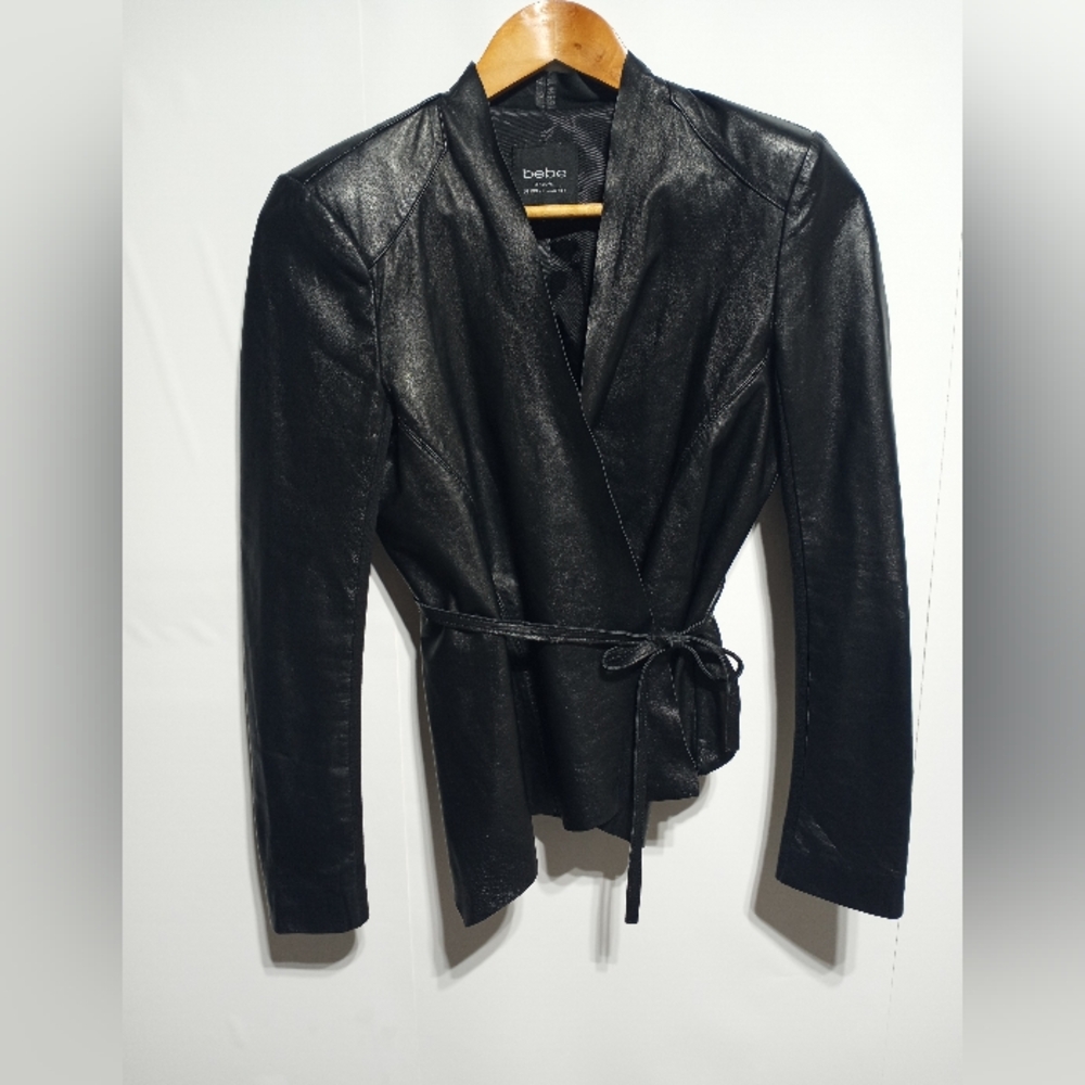 Y2K bebe Woman's Black Leather Wrap Top With Shoulder Pads Size XS - Picture 1 of 14